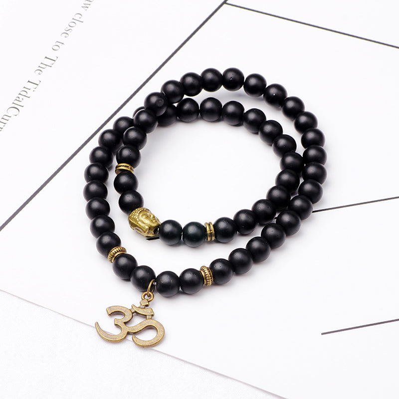 Black Matte Buddha Lucky Bracelet Irregular Pattern Pendant Necklace Bangle for Women