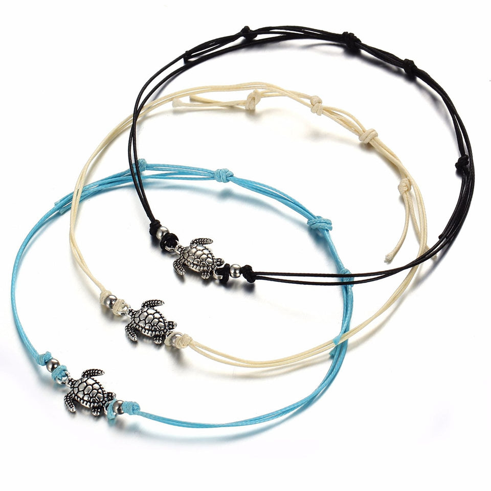 Bohemian Turtle Anklets Adjustable Wax Rope Black Blue White