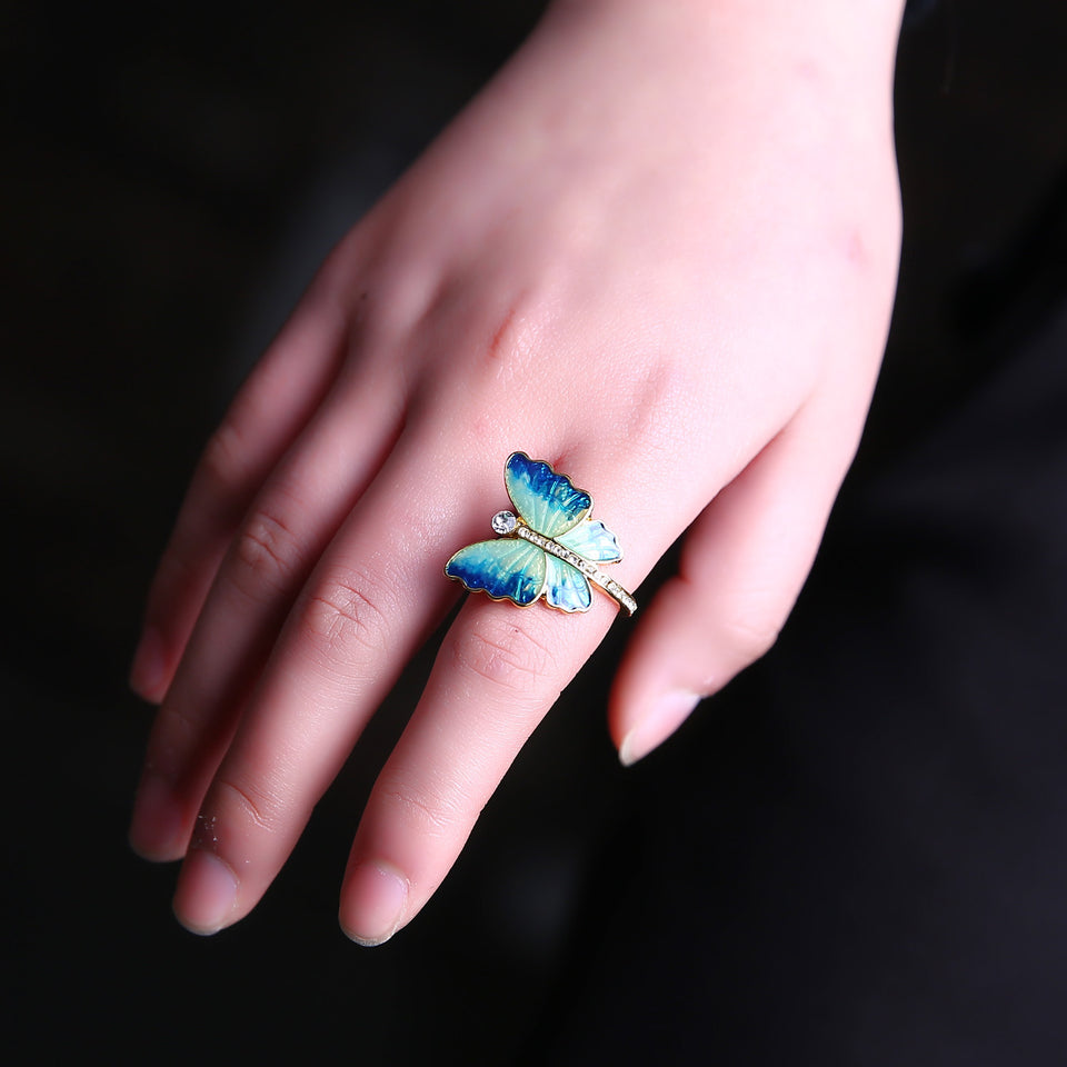 Sweet Enamel Butterfly Insect Diamond Rings Gift for Women