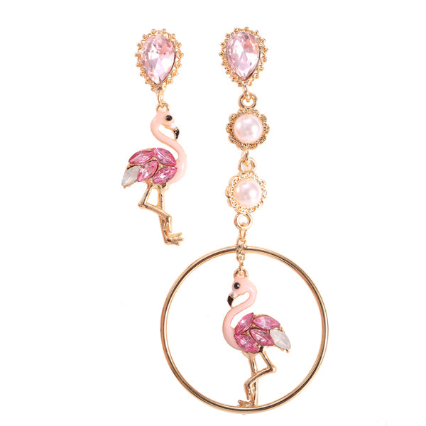 Fashion Asymmetry Blue Pink Flamingo Dangle Earrings Crystal