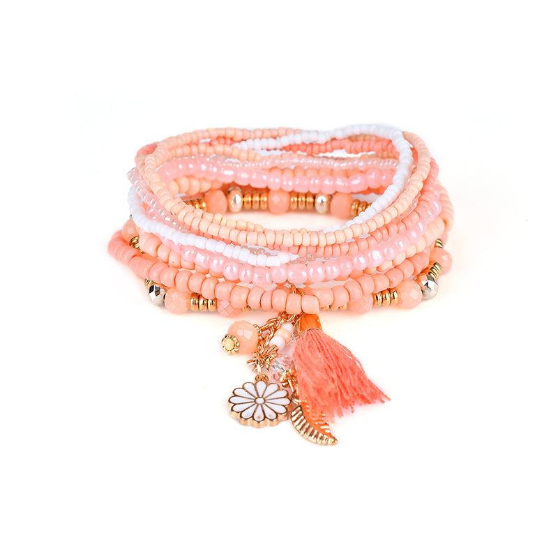 Bohemian Tassel Flower Leaf Pendant Multilayer Beads Bracelets for Women 