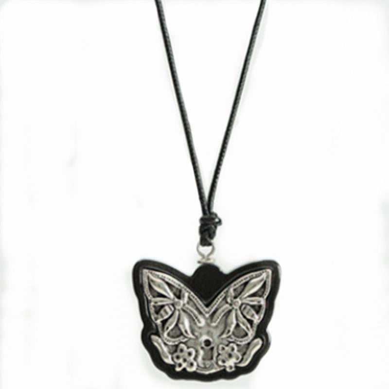 Vintage Black Sandalwood Ethnic Silver Butterfly Charm Neckl