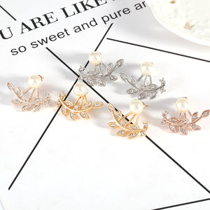 Trendy Women Rhinestone Leaf Pearl Silver Rose Gold Earrings