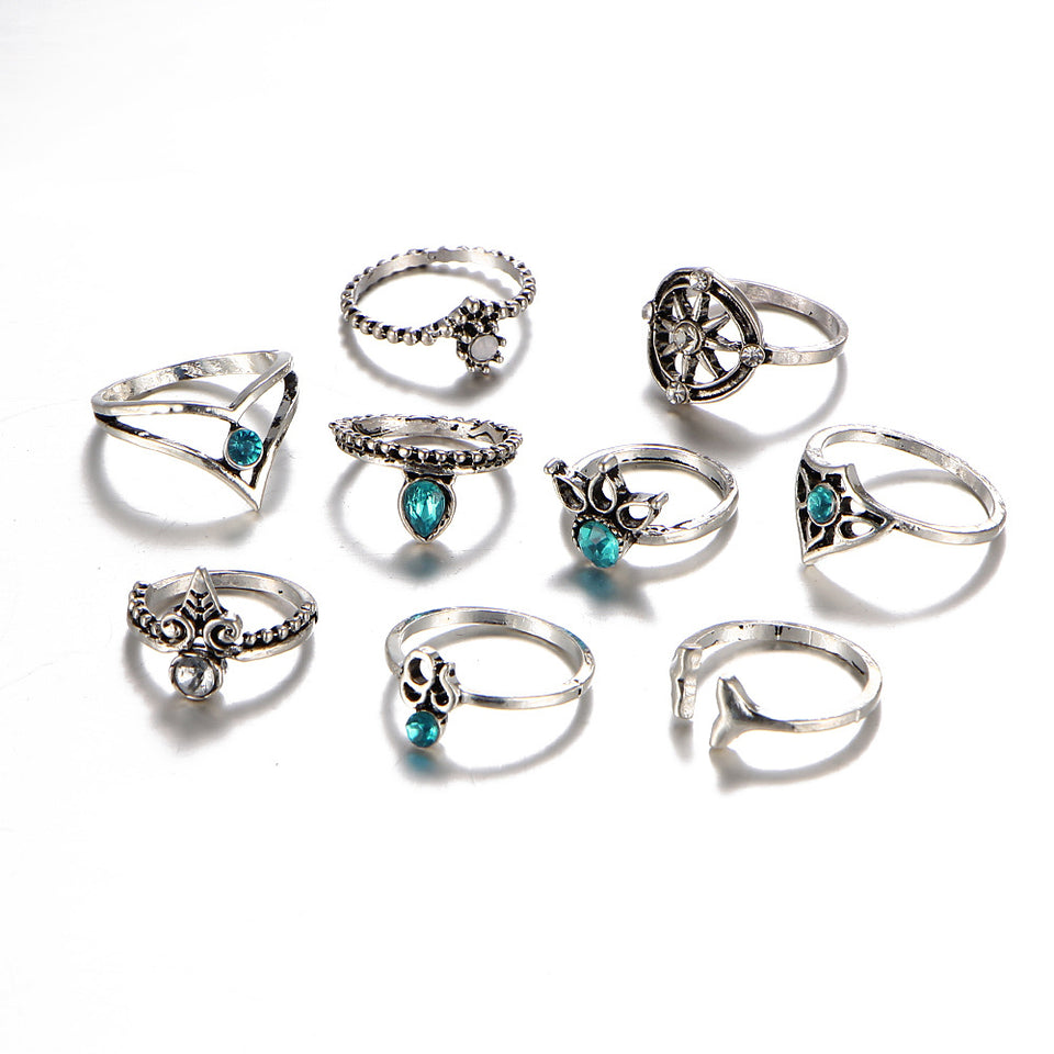 9 Pcs Bohemian Statement Ring Set Helm Leaf Knuckle Rings