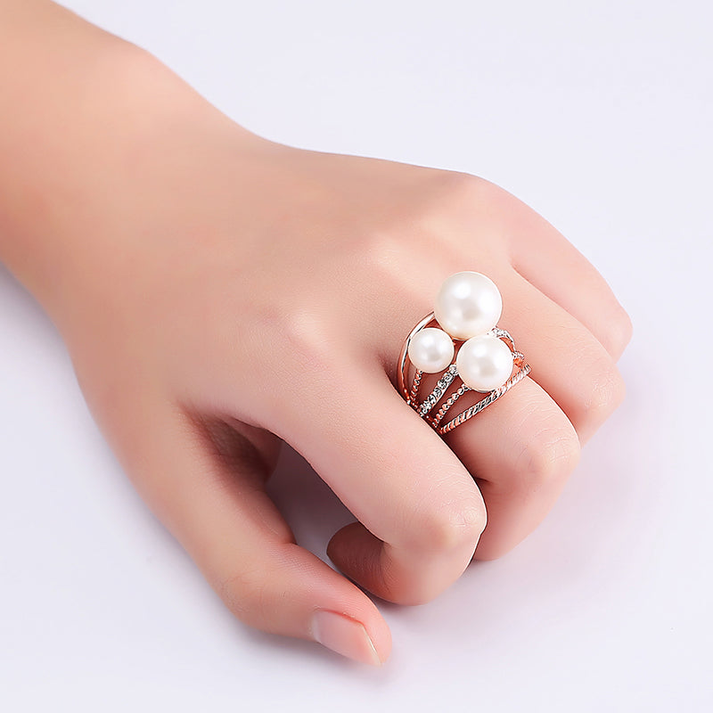 Rose Gold Plated Artificial Pearl Rhinestones Women Finger Rings