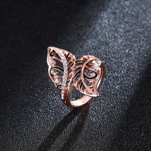 Ladies Vivid Leaves Rose Gold Stylish Ring Gift Black Enamel Rhinestone Ring Women Jewelry