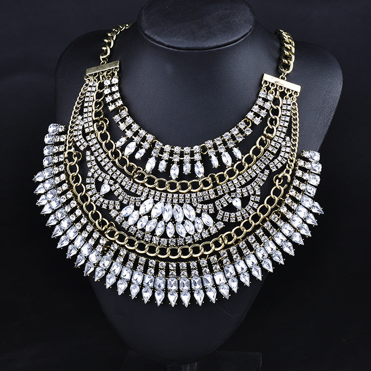 European Multilayer Crystal Rhinestone Statement Choker Necklace