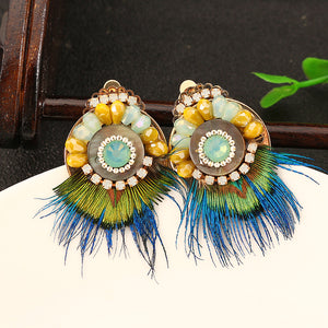 Bohemian Ethnic Earrings 14K Gold Plated Feather Opal Statement Retro Round Ear Clip for Women Gift