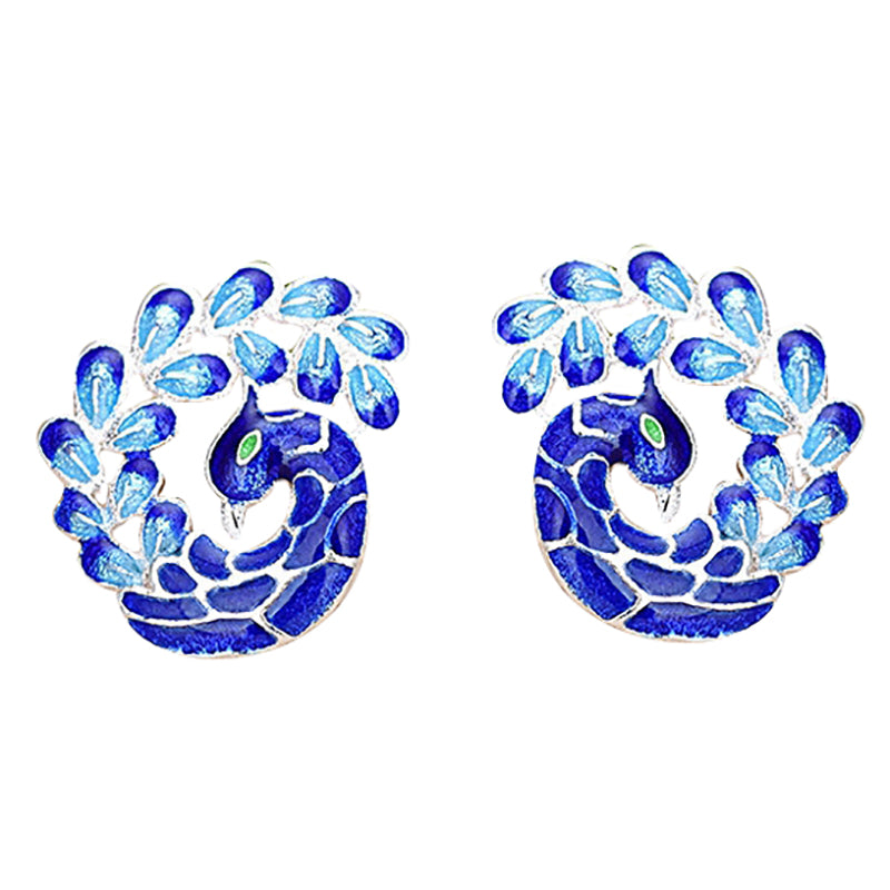 Vintage 925 Sterling Sliver Blue Peacock Enamel Earrings