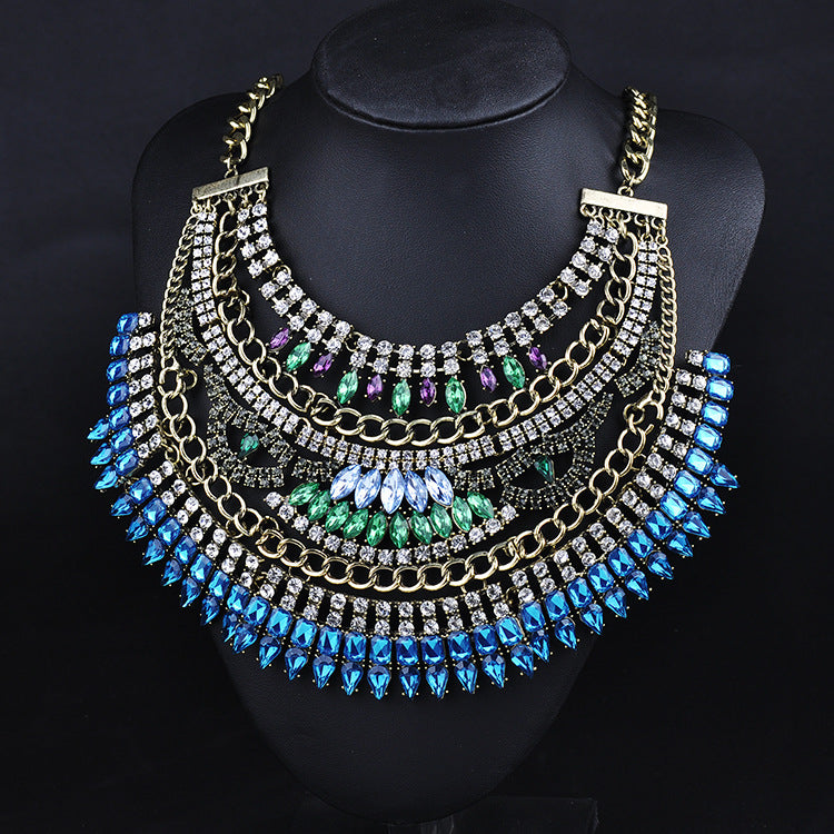 European Multilayer Crystal Rhinestone Statement Choker Necklace