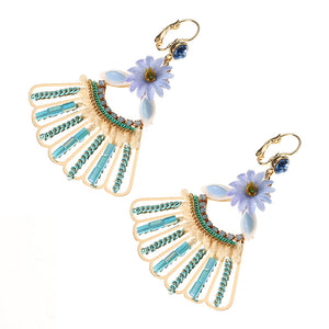 Bohemian 14K Gold Plated Peacock Tail Shape Flower Ear Drop Elegant Blue Opal Earrings for Women