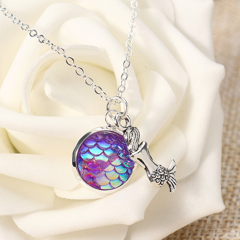 Trendy Time Gemstone Colorful Mermaid Scale Resin Pendant Delicate Silver Necklaces for Girl Women