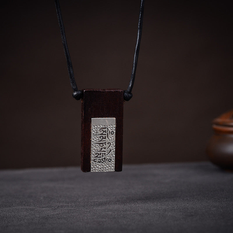 Black Sandalwood Rectang Vintage Silver Charm Necklace