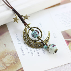 Vintage Star Moon Necklace Ethnic Ceramic Adjustable Pendant