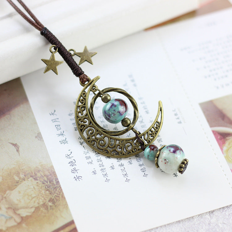 Vintage Star Moon Necklace Ethnic Ceramic Adjustable Pendant