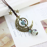 Vintage Star Moon Necklace Ethnic Ceramic Adjustable Pendant