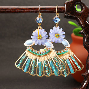 Bohemian 14K Gold Plated Peacock Tail Shape Flower Ear Drop Elegant Blue Opal Earrings for Women