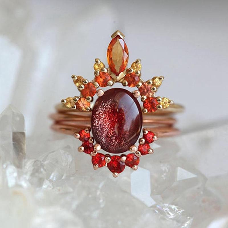 3 Pcs/set Stackable Rings Ruby Crystal Flower Charm Bohemian