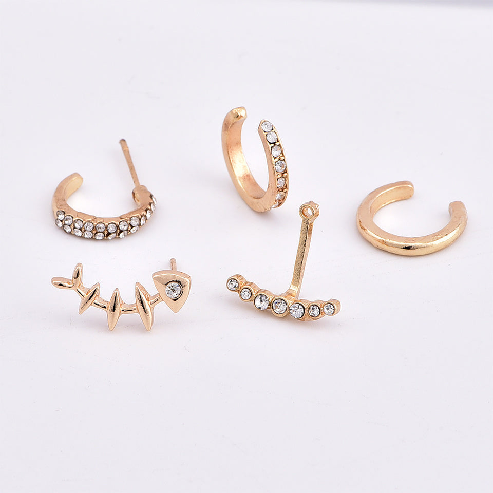 4Pcs Geometric Gold Earring Set Fish Bone Rhinestones