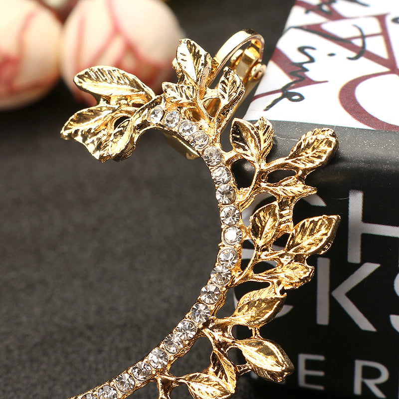 Metal Leaf Crystal Rhinestone Ear Cuff Stud Earring for Women