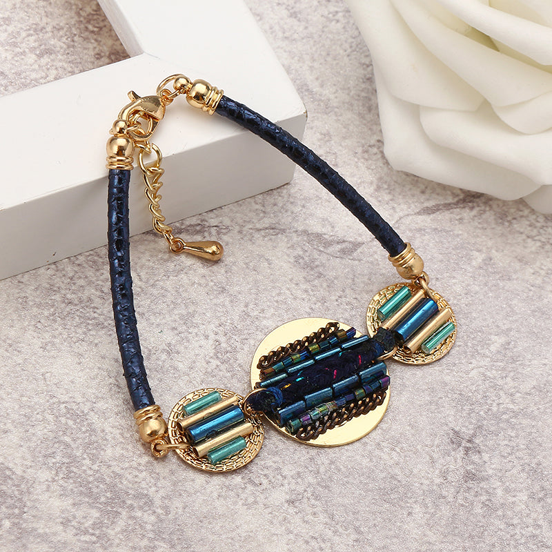 Bohemian Women Bracelet Gold Plated Coin Charm with Colorful Glass Bead Leather Bangle Chain