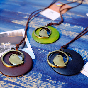 Vintage Round Wood Plate Pendant Necklaces