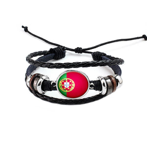 Unisex National Flag Pattern Bracelet Alloy Leather Rope Bracelet for Men Women