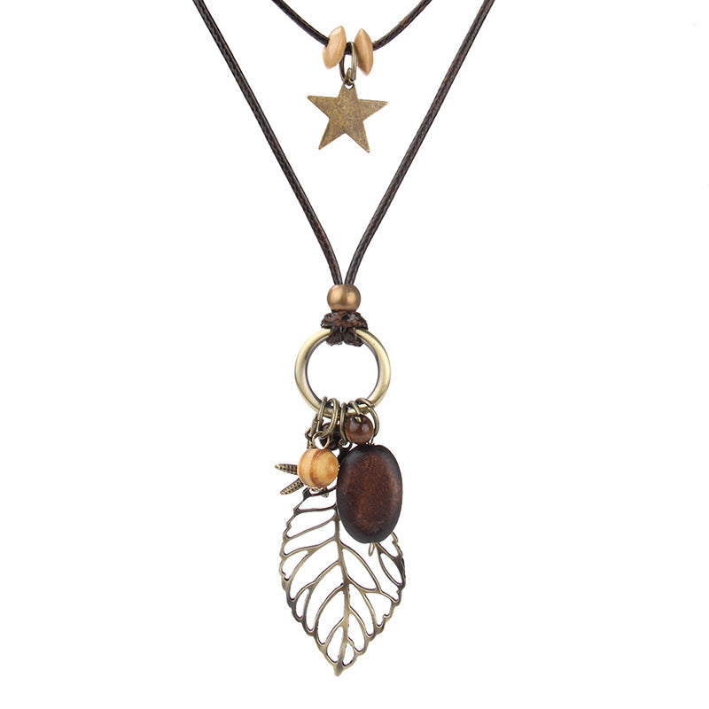 Leaf Pendant Wood Star Charm Wax Rope Long Women's Necklace