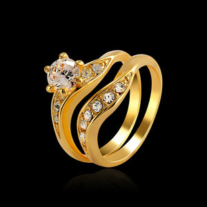 2pcs Gold Plated Finger Ring Inlay Zircon Crown Six-prong Ring Set Women Fine Jewelry