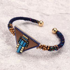 Bohemian Women Bracelet Punk Blue Bead Inlay Leather Triangle Charm Gold Plated Woven Boho Bangle 