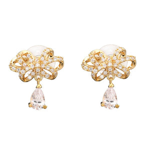 Sweet Bowknot Water Drop Zircon Ear Stud Earrings For Women