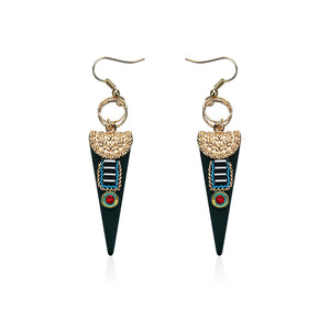 Women Bohemian Earrings Ethnic Gemstone Inlay Triangle Pendant Gold Plated Ear Drop Boho Jewelry