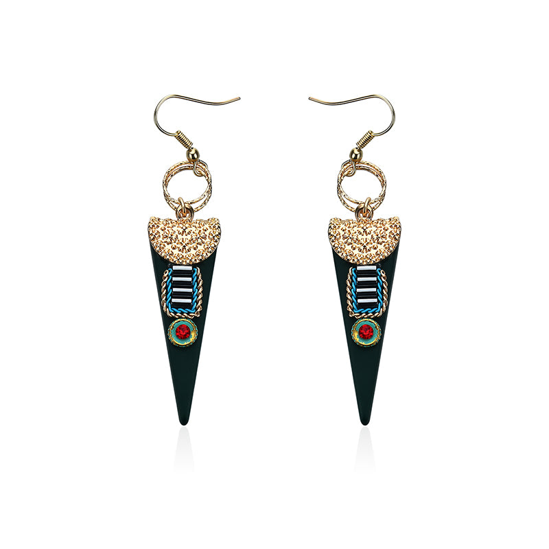 Women Bohemian Earrings Ethnic Gemstone Inlay Triangle Pendant Gold Plated Ear Drop Boho Jewelry