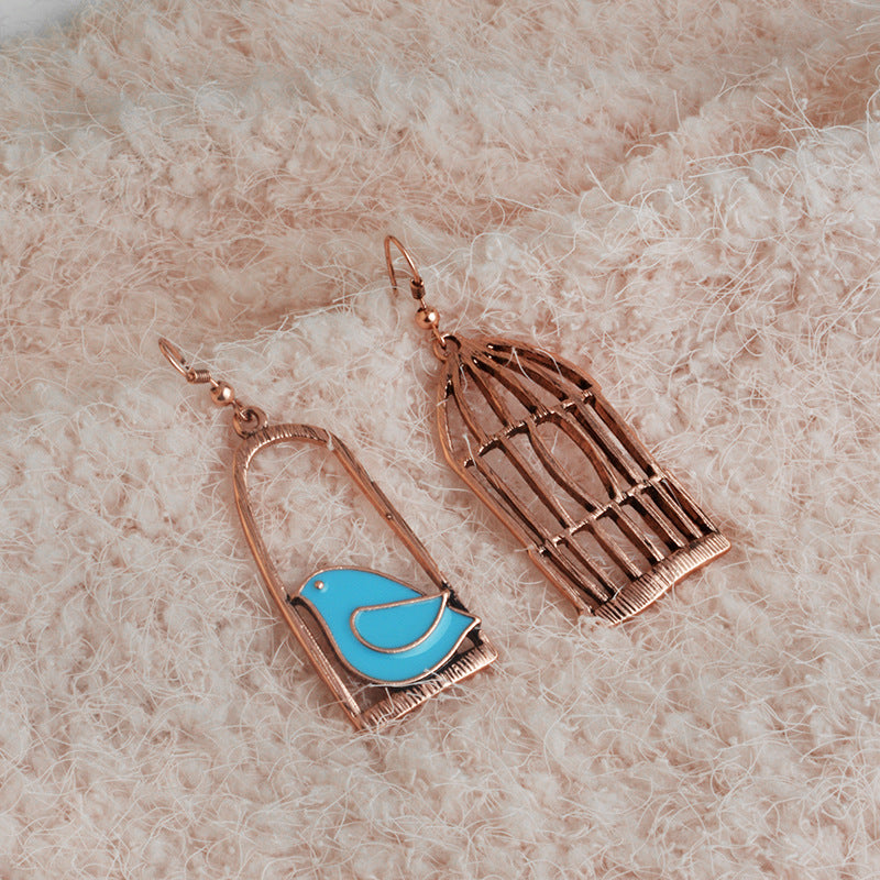 Blue Grey Bird Birdcage Fashion Asymmetric Women Earrings