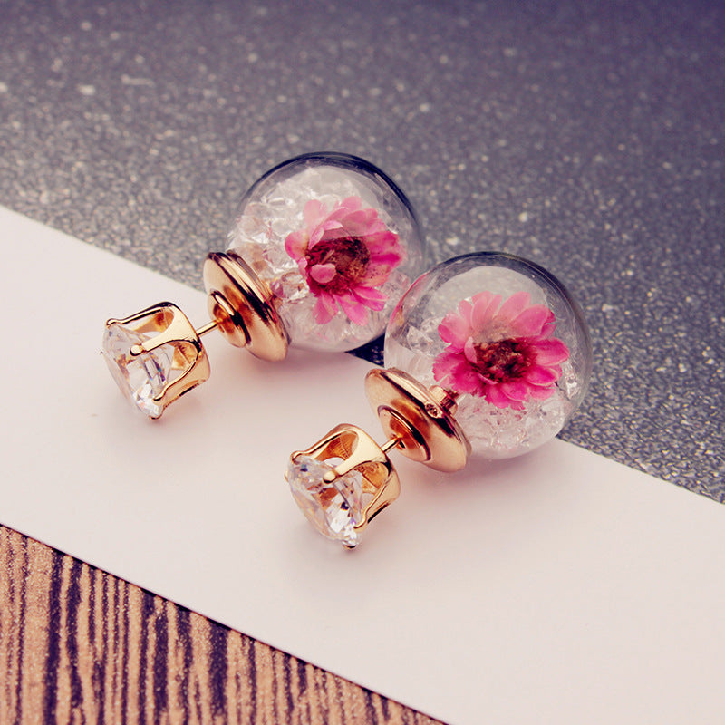 Trendy Colorful Crystal Glass Ball Flower Round Earrings