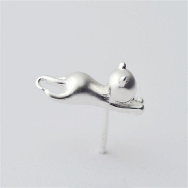 Lovely 925 Sterling Silver Platinum Animal Small Cat Ear Stud Earrings