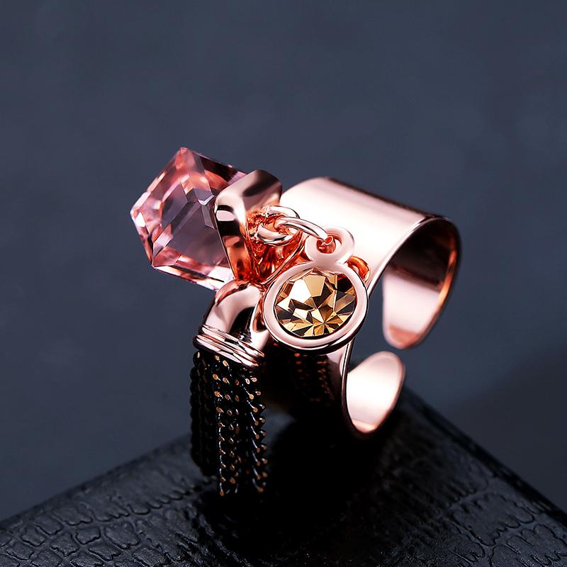 Trendy Rose Gold Plated Crystal Tassels Women Finger Rings