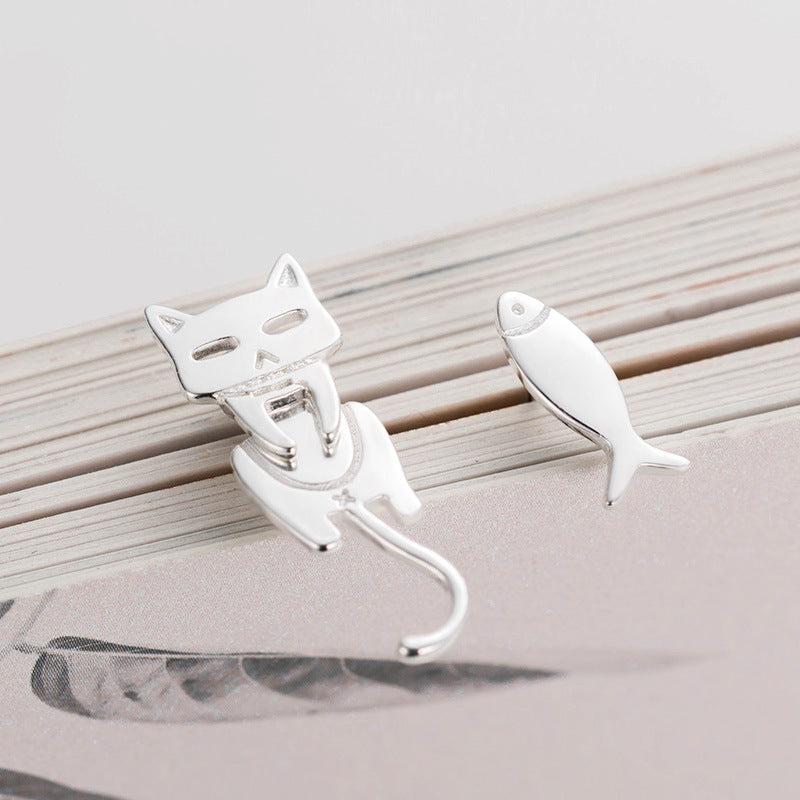 Sweet Fish Cat Earrings 925 Sterling Silver Animal Earring