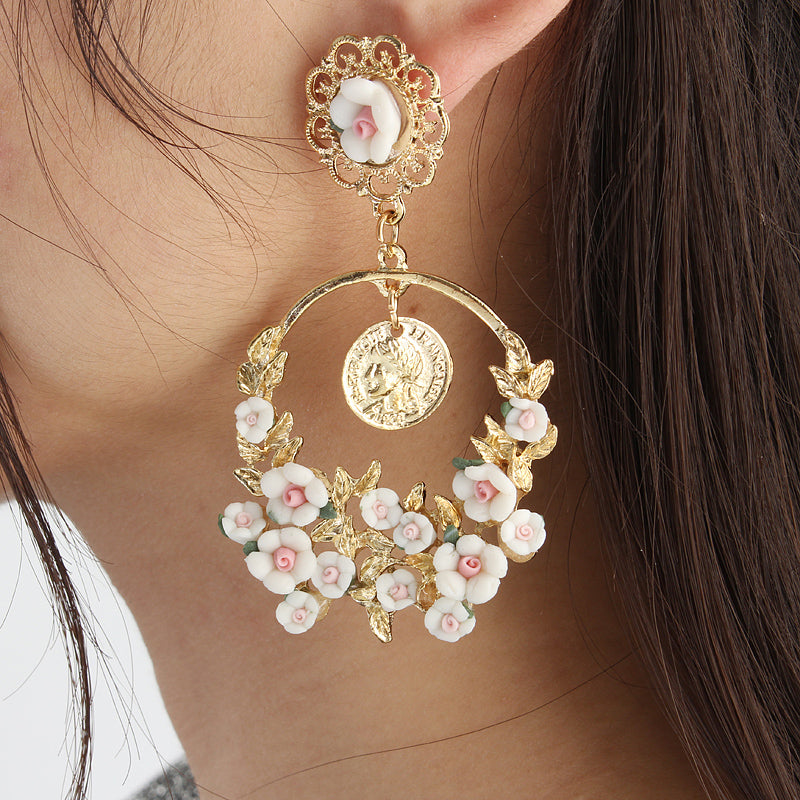 Vintage Flower Exaggerated Ear Drop Women Earrings 