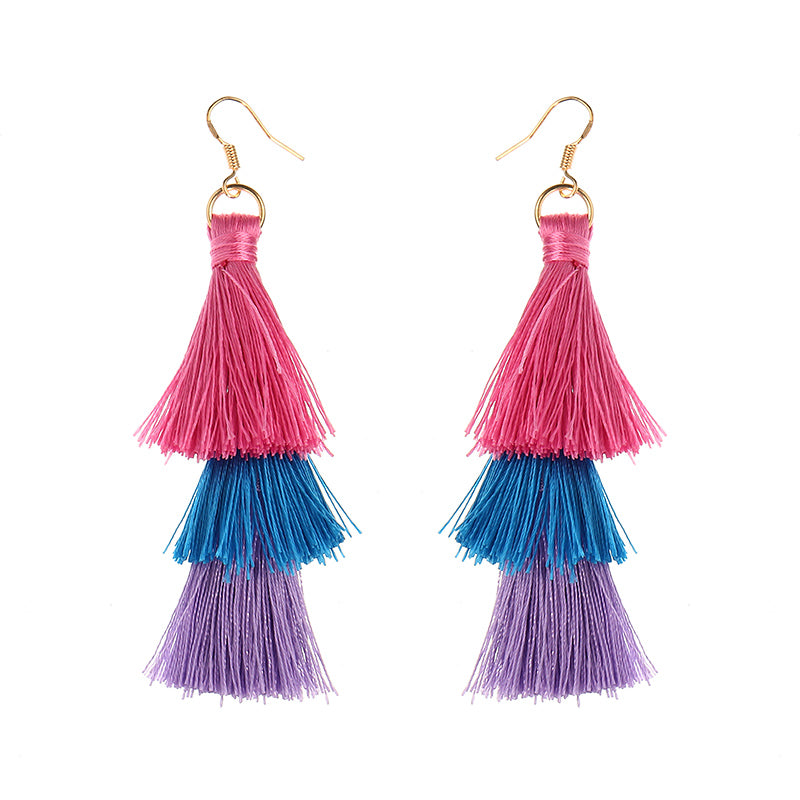 Women's  Bohemian Tassel Earrings Hand-made Three Layers Different Color Ear Drop Unique Gift