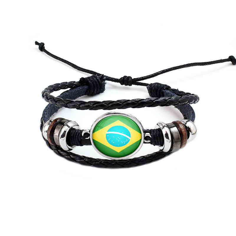 Unisex National Flag Pattern Bracelet Alloy Leather Rope Bracelet for Men Women