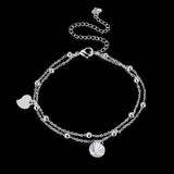 Heart and Rhinestone Pendant Double Layer Bell Foot Chain Silver Plated Anklet