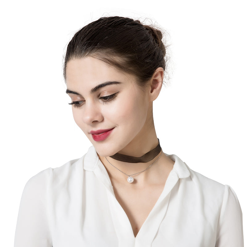 Women's Elegant Pearl Pendant Double Layer Lace Choker Simple Style Punk Necklace 