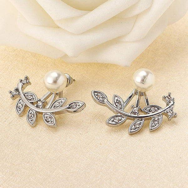 Trendy Women Rhinestone Leaf Pearl Silver Rose Gold Earrings