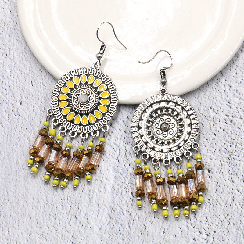 Bohemian Sunflower Earrings Round Geometric Beads Ear Drop