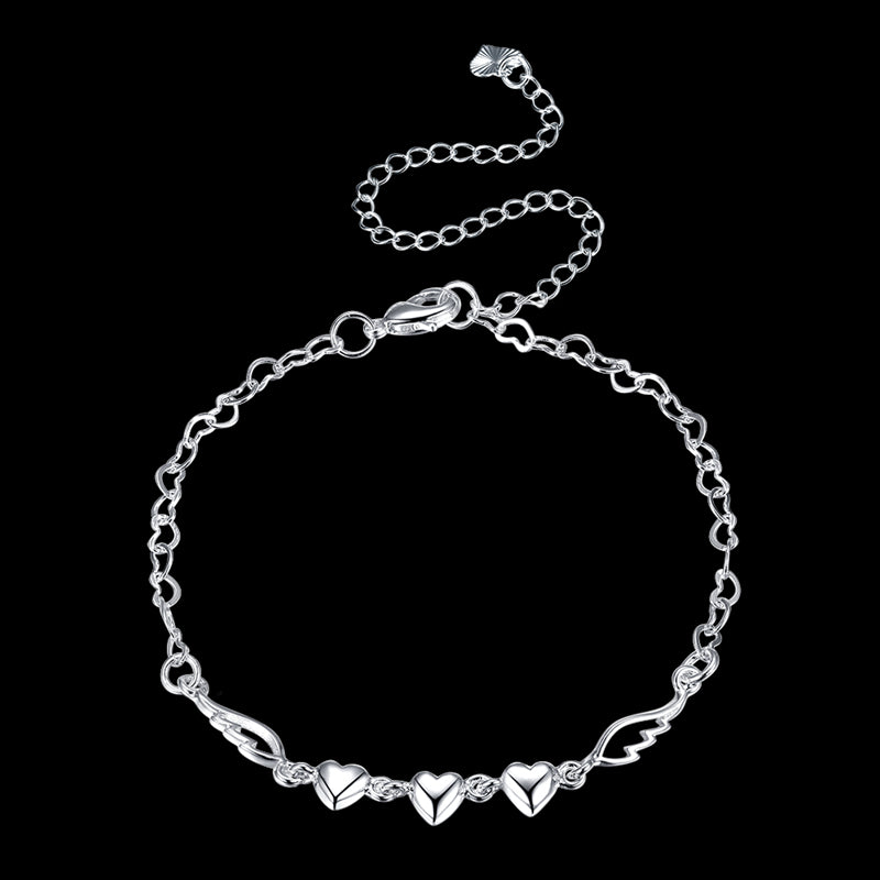 YUEYIN 925 Silver Plated Anklet Bracelet Sweet Heart Hollow Wings Best Love Gift Jewelry for Women