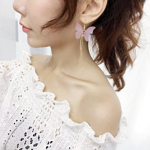 Sweet Pink Butterfly Arc Line Tassel Pendant Ear Clip Drop Earrings Fashion Jewelry for Women 