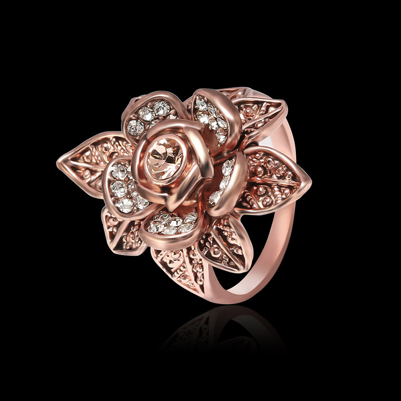 Champagne Gold Zircon Lifelike Flower Elegant Accessories Ring Rose Gold Rhinestone Ring