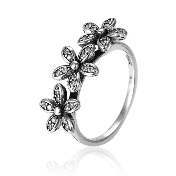  Vintage 925 Sterling Silver Three Flowers Crystal Ring Women Jewelry