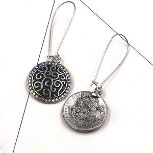 Vintage Ear Drop Earrings Antique Silver Round Geometric